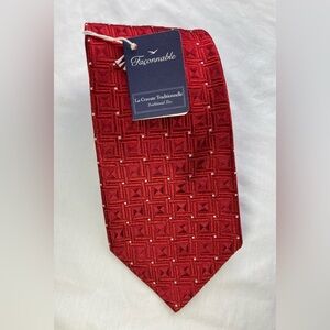 Faconnable NWT Mens Silk Red Geometric Pattern Tie 4” x 58” Made In France